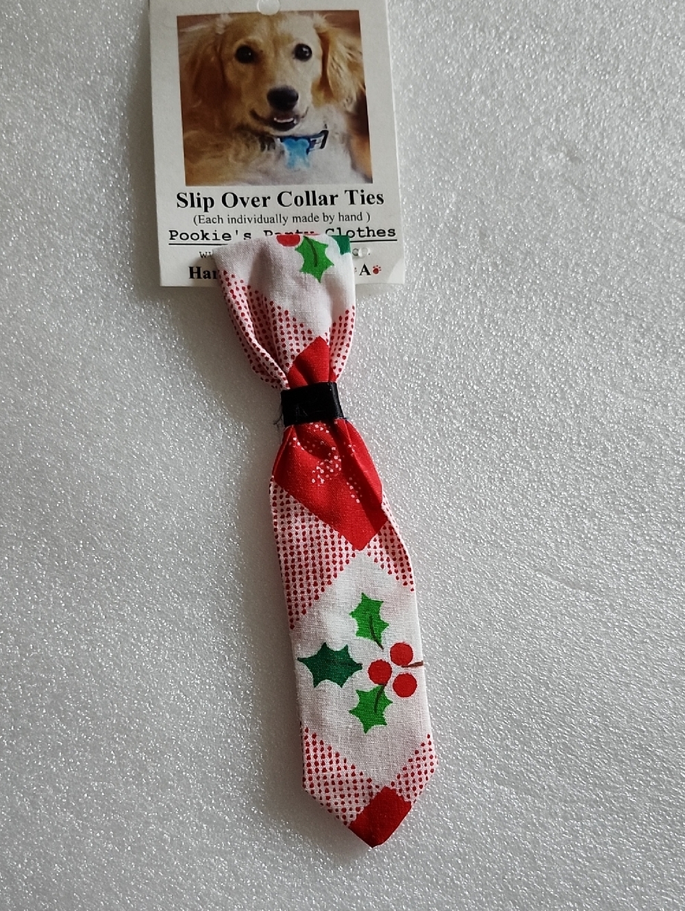 Pookie's Party Handmade Red & White Holly Slip-Over Dog Collar Tie